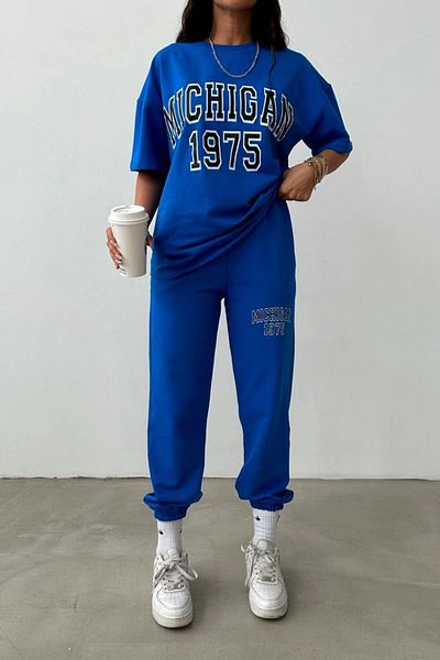 DUBU BUTİK Σετ φόρμας Jogger Oversize Michigan - Μπλε, Crew Neck