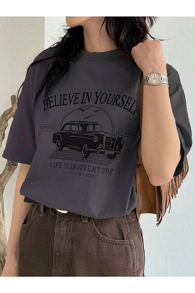 DUBU BUTİK Believe In Yourself T-shirt - Smoke Printed Oversize Crew Neck Short Sleeve T-Shirt