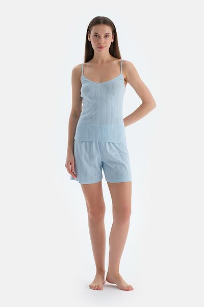 Dagi Set de pijamale cu pantaloni scurți Poıntel albastru deschis cu decolteu în V
