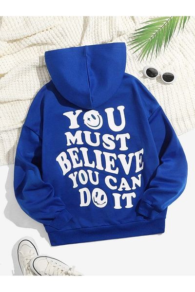 DUBU BUTİK Φούτερ You Must Believe - Saks Blue Printed Oversize Hooded