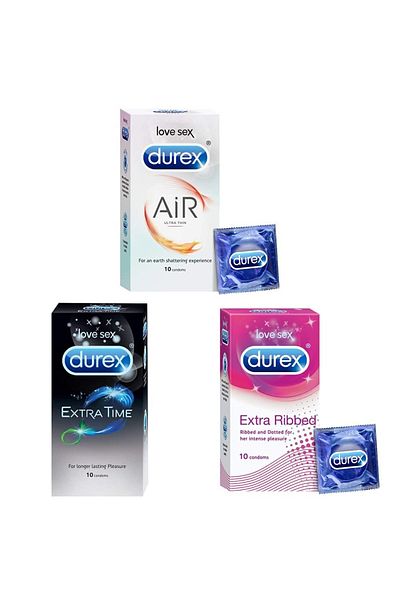 Durex Pleasure Packs - 10 Count (Pack of 3 - Air, Extra Time, Extra Ribbed)