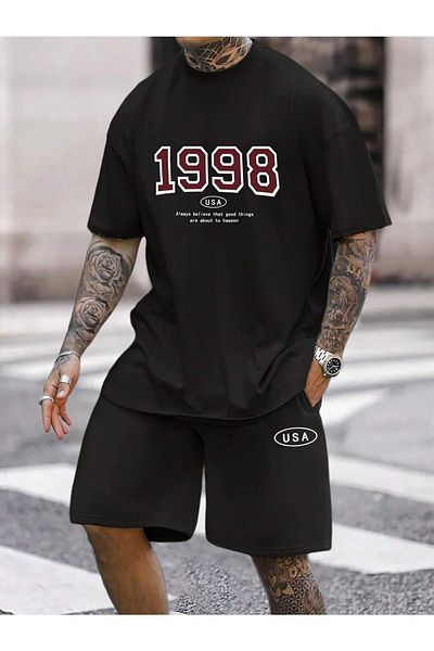 DUBU BUTİK 1998 Usa T-shirt Shorts - Black Bottom Top Combination Shorts T-shirt Set Printed Oversize Crew Neck
