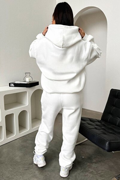 DUBU BUTİK Basic Απλό Σετ Φούτερ Jogger - White Oversize Raised Hooded