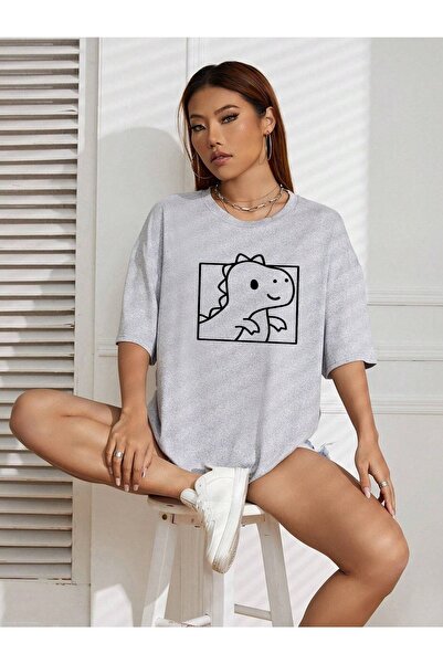 DUBU BUTİK Gray Dinosaur Printed Oversize T-shirt - Crew Neck
