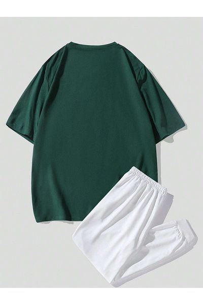 DUBU BUTİK Μπλουζάκι παραλίας Sweatpants Jogger - Nefti Πράσινο Λευκό Σετ φόρμας με στάμπα Oversize Crew Neck
