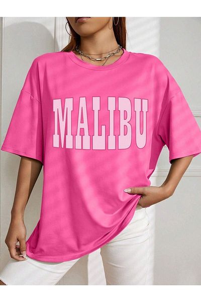 DUBU BUTİK Malibu T-shirt - Pink Printed Oversize Crew Neck Short Sleeve T-Shirt