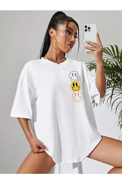 DUBU BUTİK Emoji T-Shirt - White Printed Oversize Crew Neck Short Sleeve