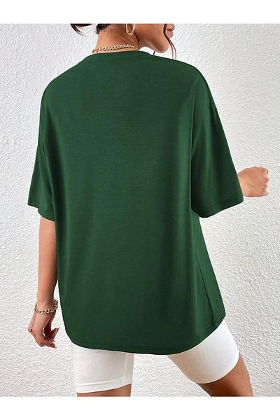 DUBU BUTİK Urban 1976 T-shirt - Green Printed Oversize Crew Neck Short Sleeve T-Shirt