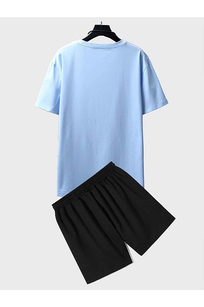 DUBU BUTİK Σορτς Moon T-shirt - Baby Blue Black Bottom Top Combination Shorts Σετ μπλουζών με στάμπα Oversize Crew Neck