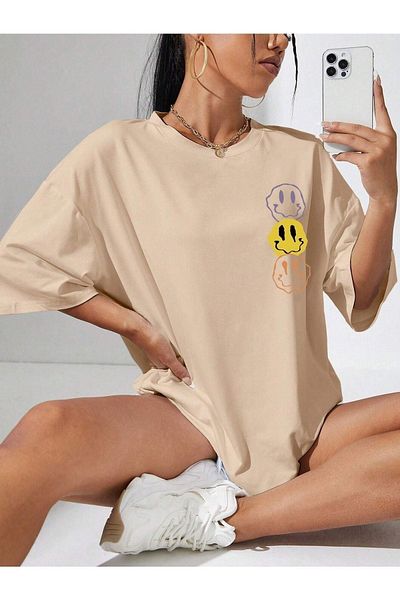 DUBU BUTİK Emoji T-Shirt - Beige Printed Oversize Crew Neck Short Sleeve