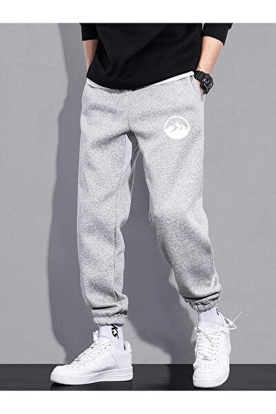 DUBU BUTİK Mountain Sweatpants Jogger - Gray Printed Rubber Leg High Waist