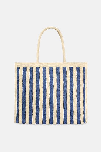 Dagi Ecru-Navy Blue Women's Stripe Patterned Straw Beach Bag