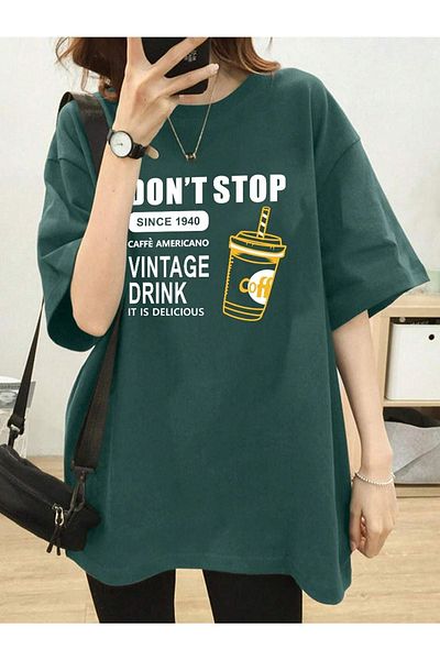 DUBU BUTİK Dont Stop T-shirt - Green Printed Oversize Crew Neck Short Sleeve T-Shirt