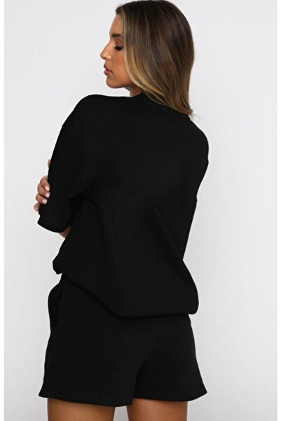 DUBU BUTİK Butterfly T-Shirt Shorts - Black Bottom Top Combination Shorts T-Shirt Set Printed Oversize Crew Neck