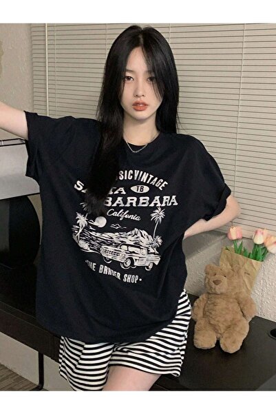 DUBU BUTİK Футболка Santa Barbara - Чорна з принтом, оверсайз, велосипедний комір, короткий рукав