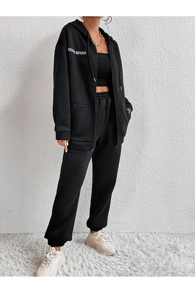 DUBU BUTİK Sirra Newada Cardigan Sweatpants Jogger- Black Bottom Top Combination Set Printed Oversize Hooded