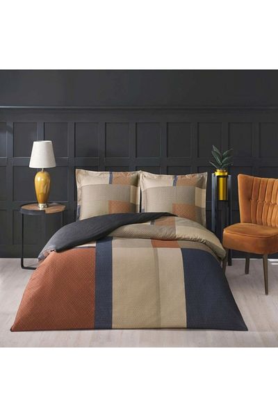 Taç 100% cotton satin double bed linen with geometric design, TaçMako-Satin, Evander Brown