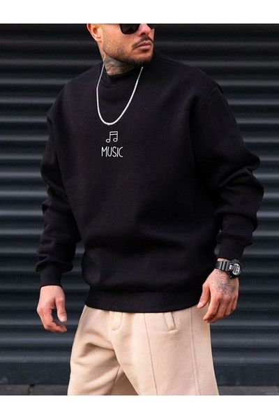DUBU BUTİK Unisex Oversize Music Print Crew Neck Black Sweatshirt
