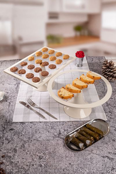 Fiyakalı Ürünler Atölyesi 2-Piece Cream Round & Rectangular Cake, Cake and Cookie Presentation Stand, Dowry Box, Gift