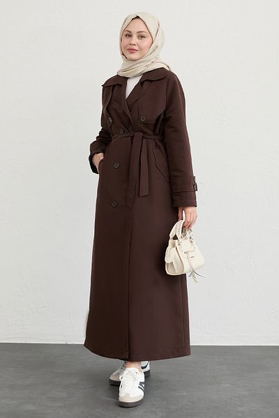 InStyle Double Flap Belted Bitter Brown Trench Coat