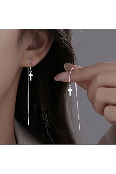 TakıConcept Haç Detaylı Yılan Zincir Küpe, Kadın Küpe, Uzun Küpe