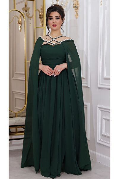 NHMODA فستان سهرة طويل من قماش الشيفون مع حزام متقاطع مطرز بالأحجار الرائعة