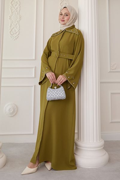 InStyle Triangle Collar Stone Oil Green Abaya