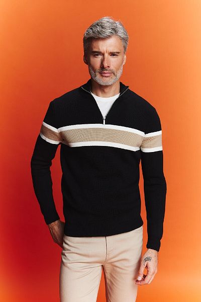 DeFacto Black Standard Fit Regular Cut Stand Collar Zippered Striped Knitwear Sweater Y4193Az23Wn