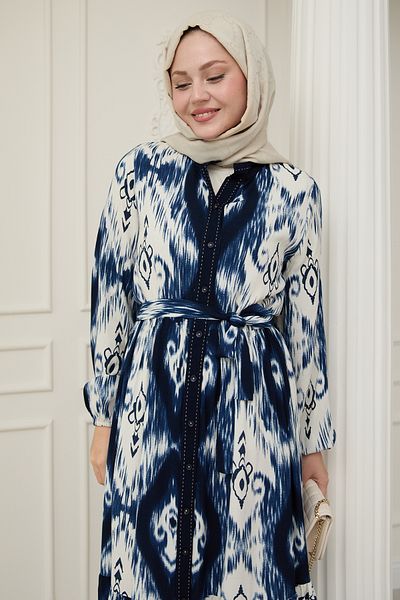 InStyle Φόρεμα με έθνικ σχέδιο Navy Blue Viscose με παπιγιόν στο μπροστινό μέρος