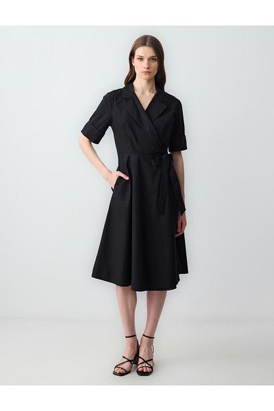 Jimmy Key Black Relaxed Cut Wrap Collar Lace up Waist Cotton Dress