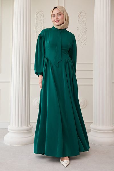 InStyle Σμαραγδένιο Πράσινο Φόρεμα με Ζώνη στο Γιακά και Μπαλόνι Μανίκια