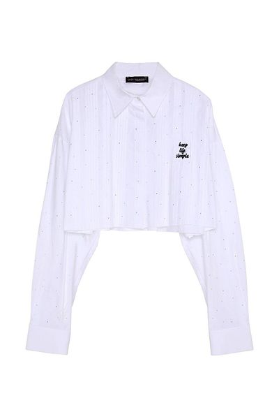 Quzu Stone Detailed Ribbed Crop Shirt White