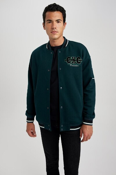 DeFacto Soft Furry Bomber Cardigan with College Collar Back Print - Wide Fit, Snap Closure, Double Pockets