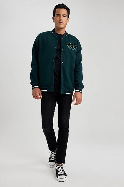 DeFacto Soft Furry Bomber Cardigan with College Collar Back Print - Wide Fit, Snap Closure, Double Pockets