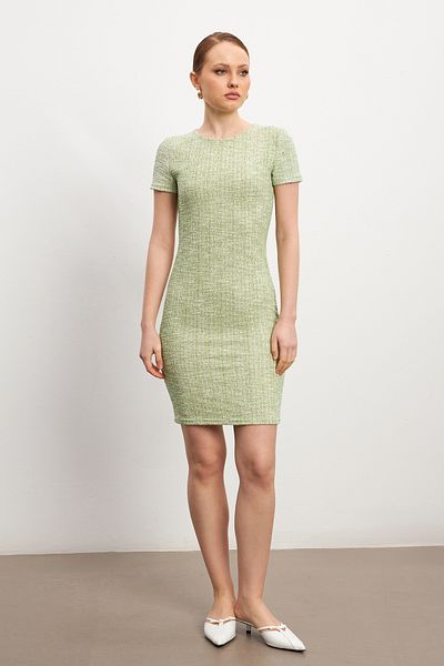 Trendseninle Women's Green Tweed Short Sleeve Mini Dress