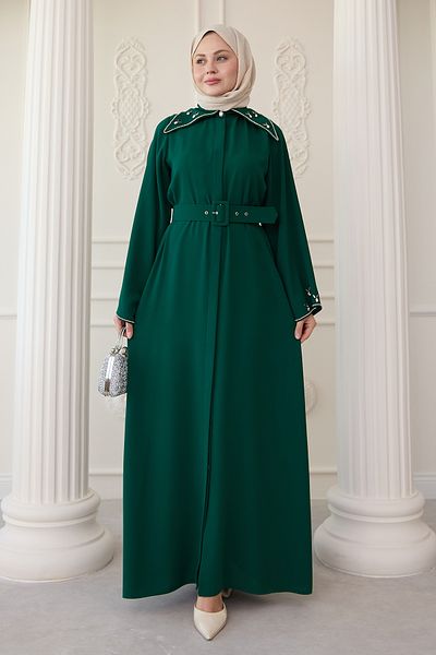 InStyle Triangle Collar Stone Emerald Green Abaya