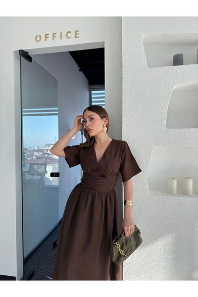 Kadınle    Short Sleeve Long Dress - Brown