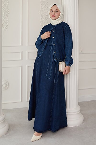 InStyle Темно-синій джинсовий костюм з курткою на резинці