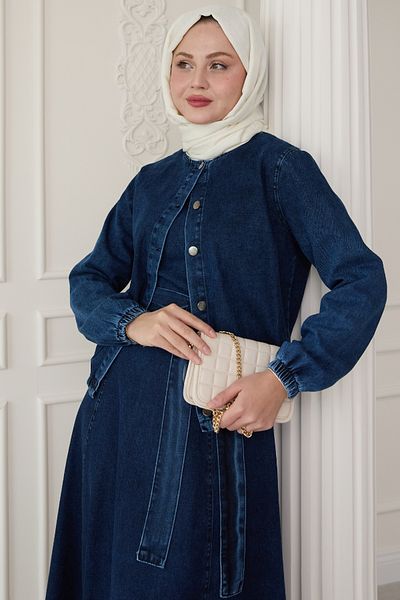 InStyle بدلة جينز زرقاء داكنة مع سترة مطاطية على الخصر