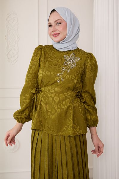 InStyle بدلة جاكار منقوشة بنقشة الفهد باللون الأخضر الزيتي