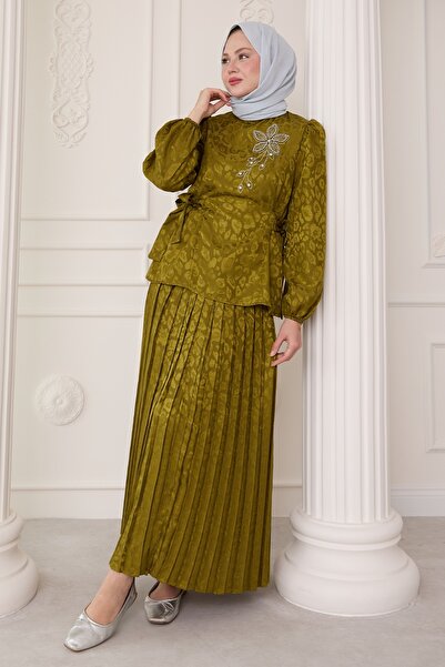 InStyle Leopard Patterned Jacquard Skirt Oil Green Suit