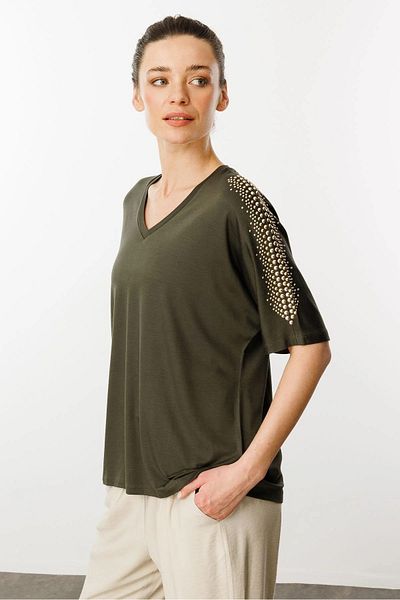 Desen Triko Tricou de damă cu decolteu în V, cu umeri, din bumbac pieptănat 25754 kaki