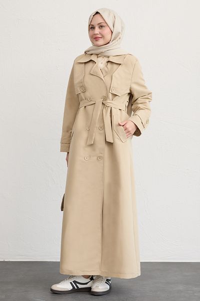 InStyle Double Flap Belted Cream Trench Coat