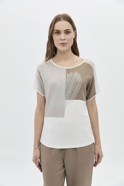 DAIDO   Women's Blouse - Detailed Front with Tulle, Stones on Linen and 5800 Ecru