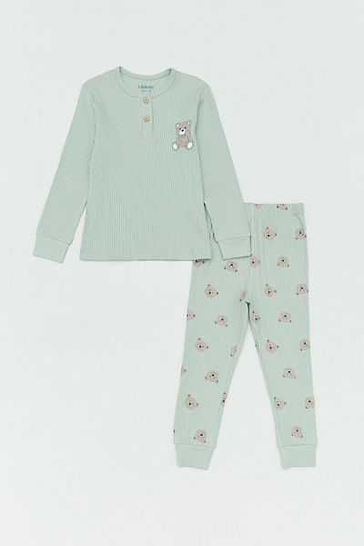 Fulla Moda Ribbed Teddy Bear Printed 2-Piece Girl's Set