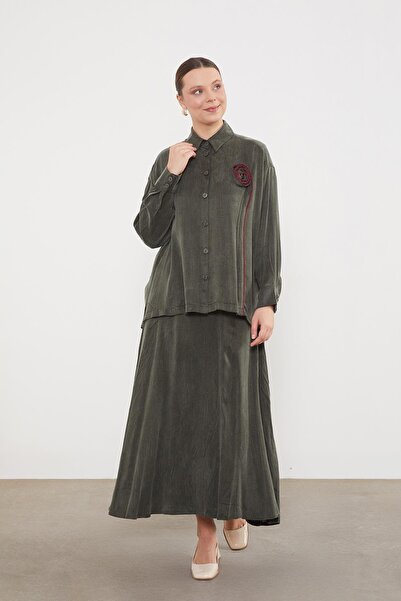 Levidor Khaki Buttoned Cupra Skirt Set with Rose Detail on the Front