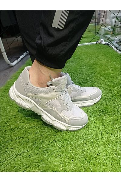 Escetic Pantofi sport pentru femei alb-gri, cu talpă înaltă, cu șireturi, Ay0005