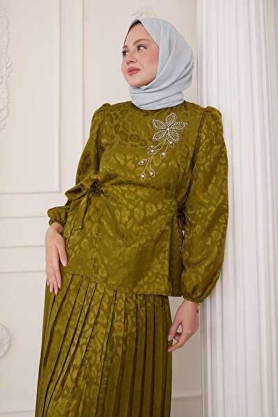 InStyle Leopard Patterned Jacquard Skirt Oil Green Suit