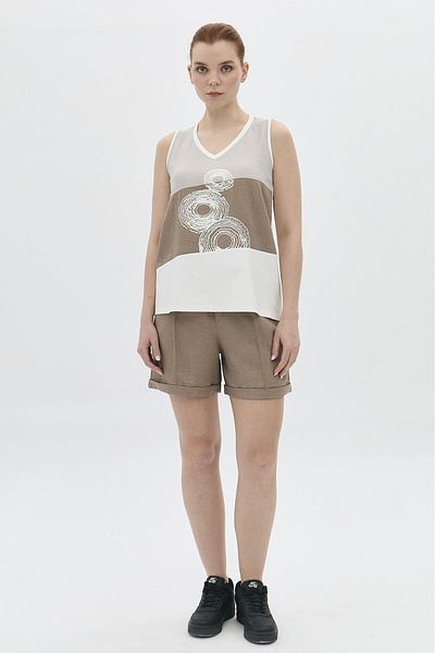 DAIDO Women Ecru Sleeveless V Neck Blouse 4712 Print on Patterned