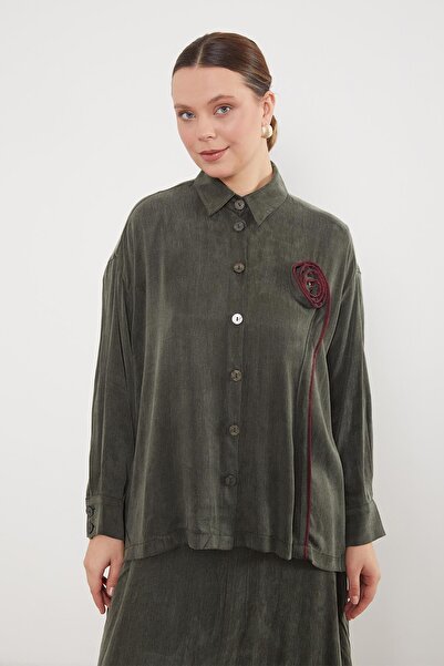 Levidor Khaki Buttoned Cupra Skirt Set with Rose Detail on the Front